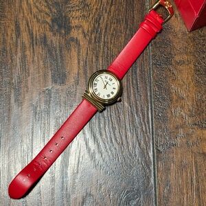 Salvatore Ferragamo Red Leather Strap Watch with Gold-Tone Case